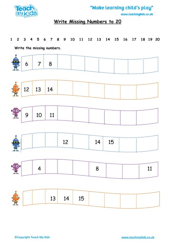 Worksheets for kids - writing missing numbers to 20